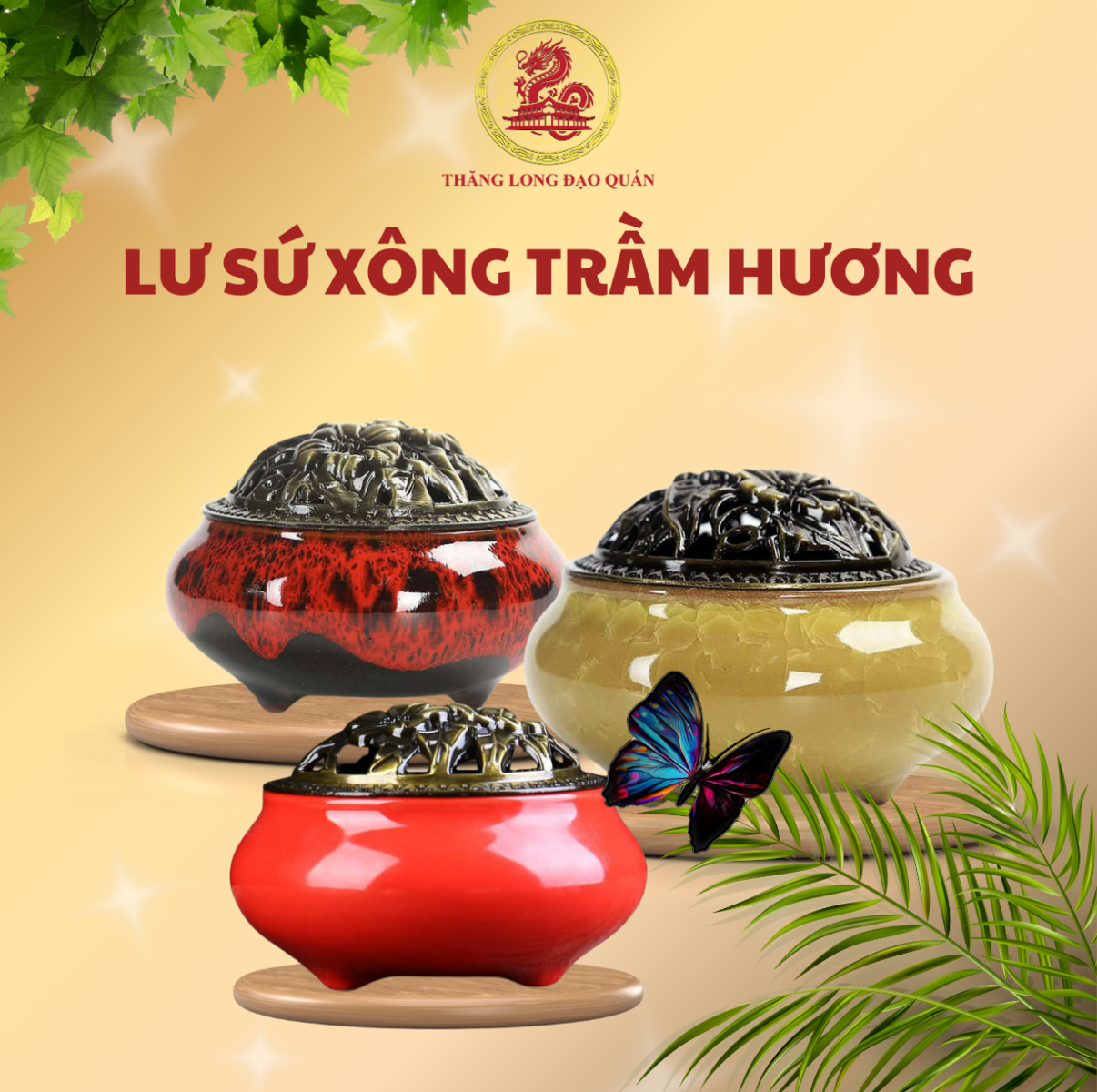 Lư Xông Nụ Trầm Hương - THĂNG LONG ĐẠO QUÁN bằng Gốm Sứ Vân Rạn Cao Cấp