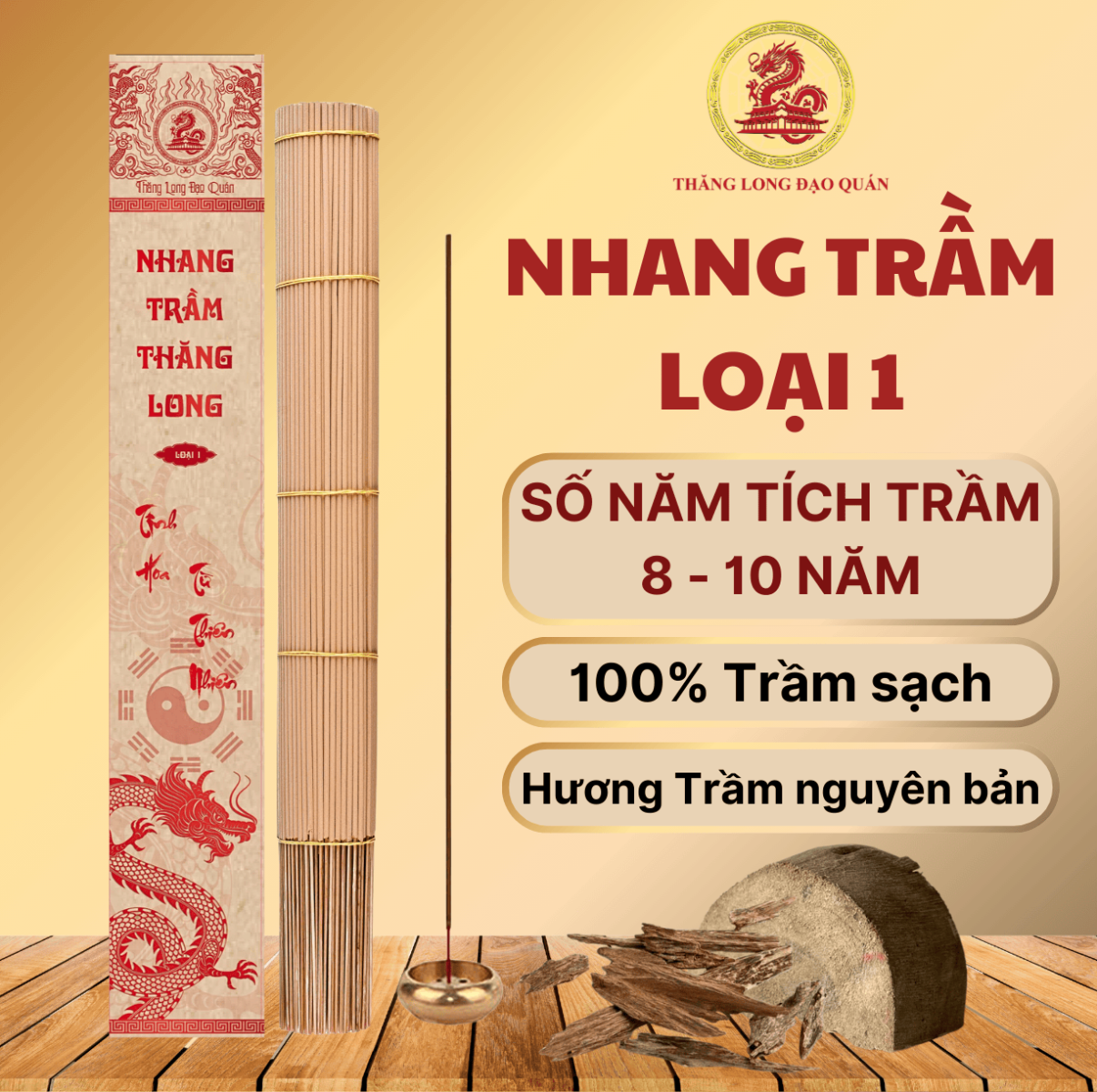 [Combo trải nghiệm] 3 hộp Nhang Trầm Hương THĂNG LONG, hương trầm dễ chịu dài 38cm hộp 30 nén