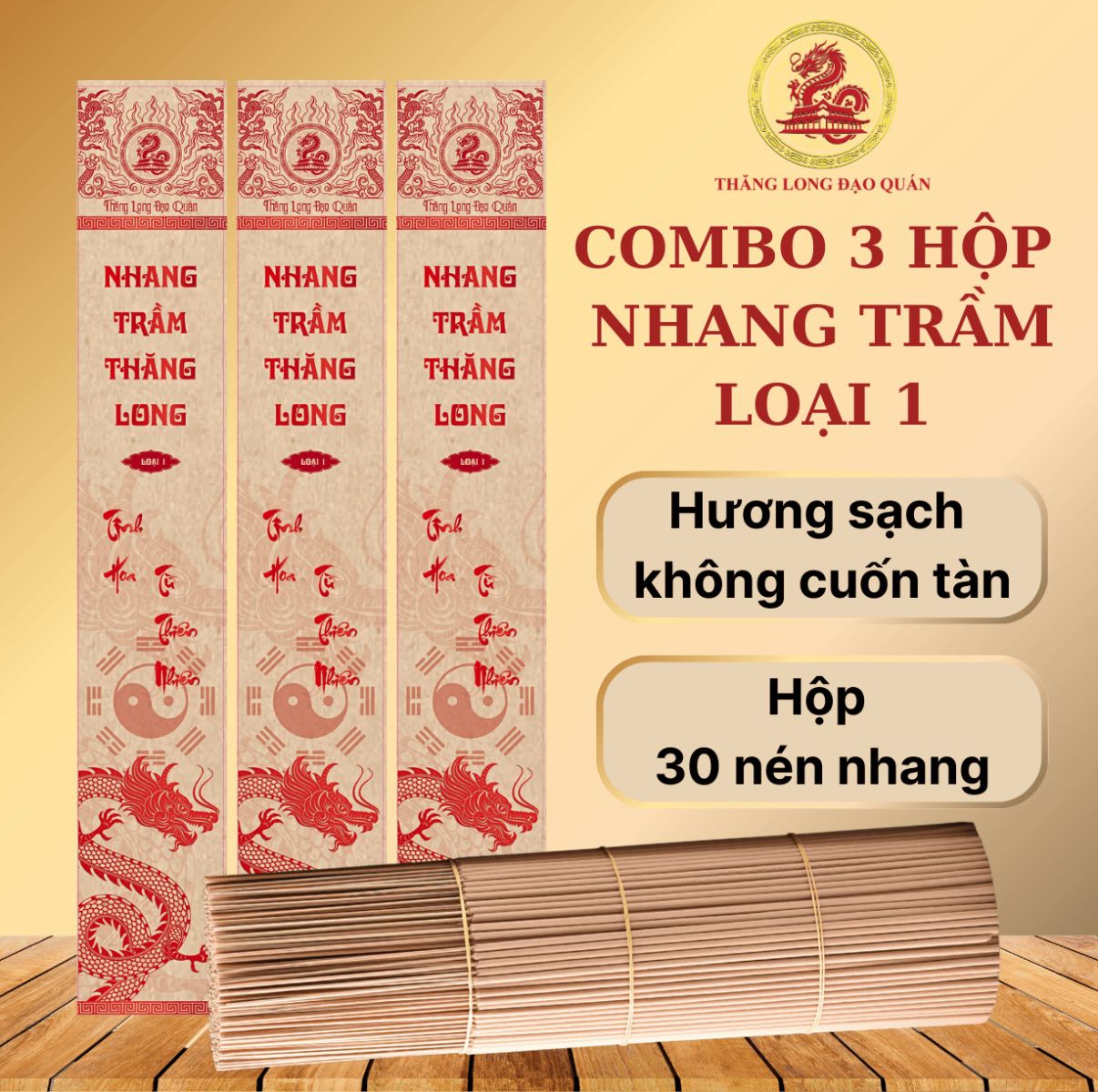 COMBO 3 hộp Nhang Trầm Hương Loại 1 THĂNG LONG, hộp 30 nén, 38cm, hương Trầm nguyên bản