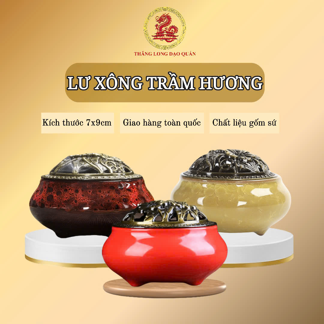 Lư Xông Nụ Trầm Hương - THĂNG LONG ĐẠO QUÁN bằng Gốm Sứ Vân Rạn Cao Cấp