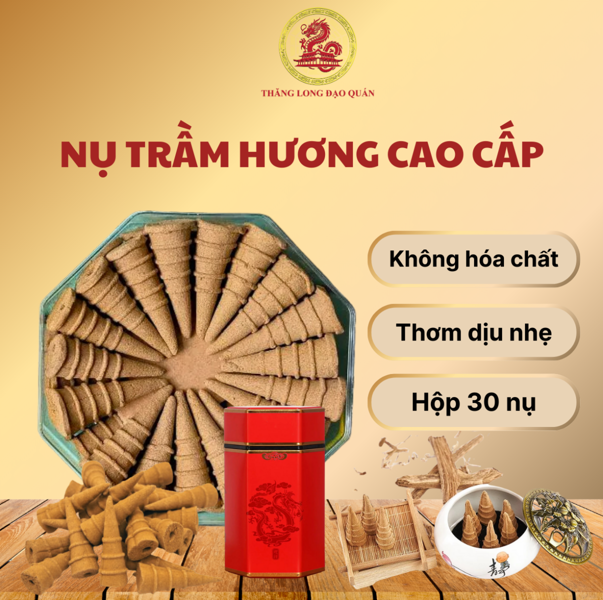 Nụ Trầm Hương Cao Cấp THĂNG LONG tự nhiên 100% hương trầm tự nhiên, không chất hóa học - Hộp 30 nụ