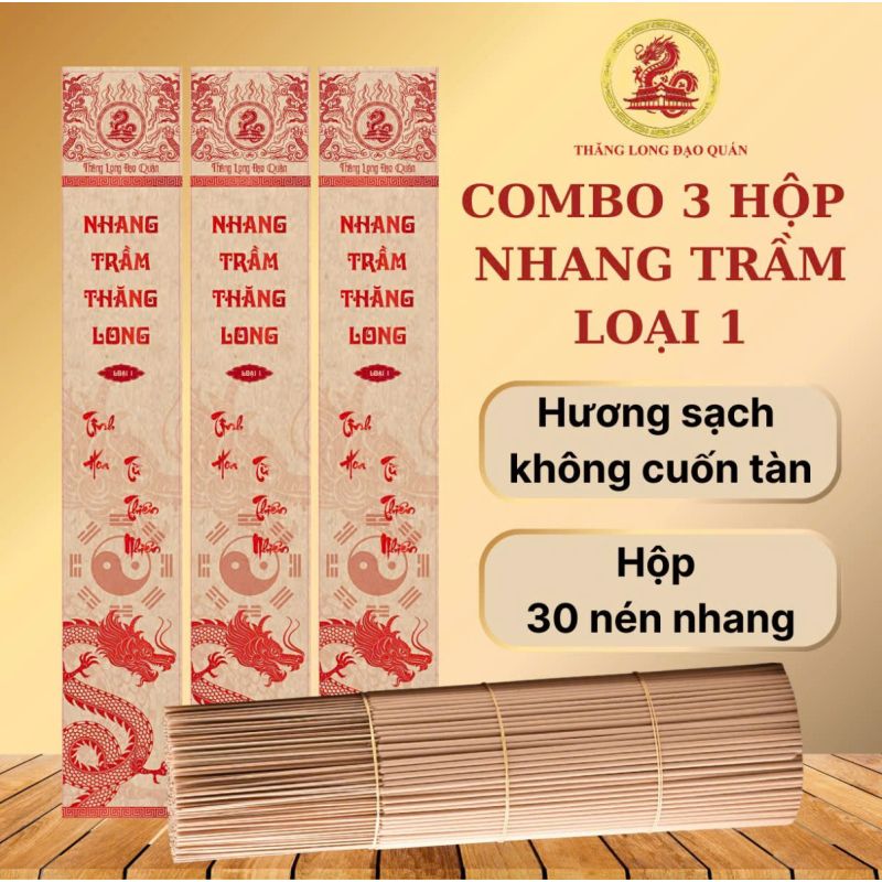 COMBO 3 hộp Nhang Trầm Hương Loại 1 THĂNG LONG, hộp 30 nén, 38cm, hương Trầm nguyên bản