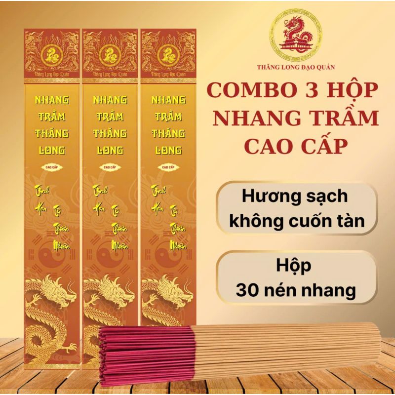 COMBO 3 hộp Nhang Trầm Hương Cao Cấp THĂNG LONG, hộp 30 nén, 38cm, mùi hương Trầm thơm đậm
