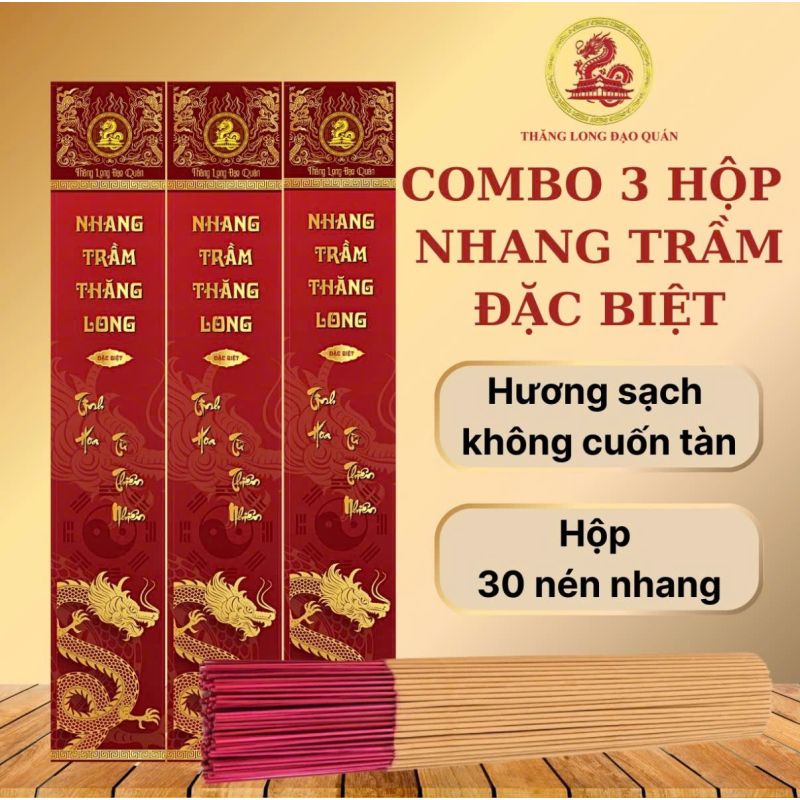 COMBO 3 Hộp Nhang Trầm Hương Đặc Biệt THĂNG LONG, hộp 30 nén, 38cm, lượng tinh dầu Trầm Hương cao