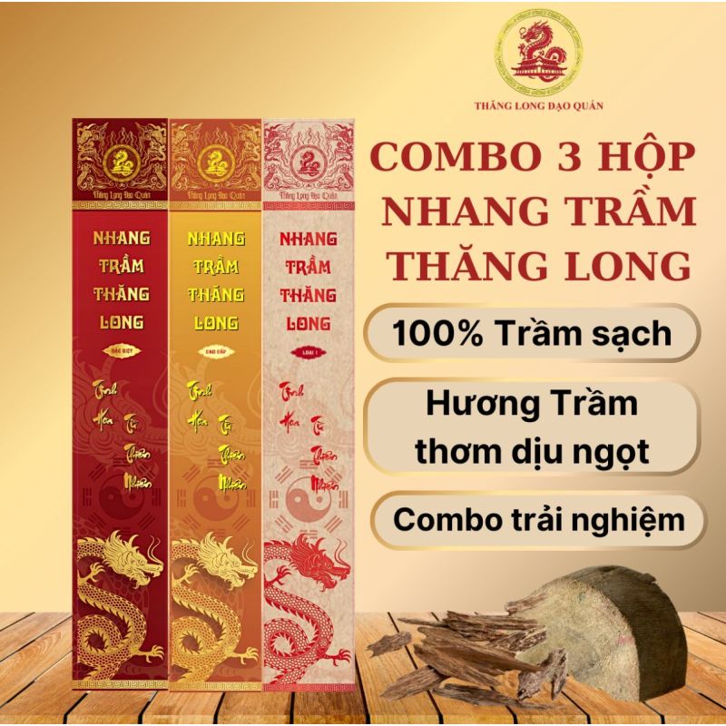 [Combo trải nghiệm] 3 hộp Nhang Trầm Hương THĂNG LONG, hương trầm dễ chịu dài 38cm hộp 30 nén