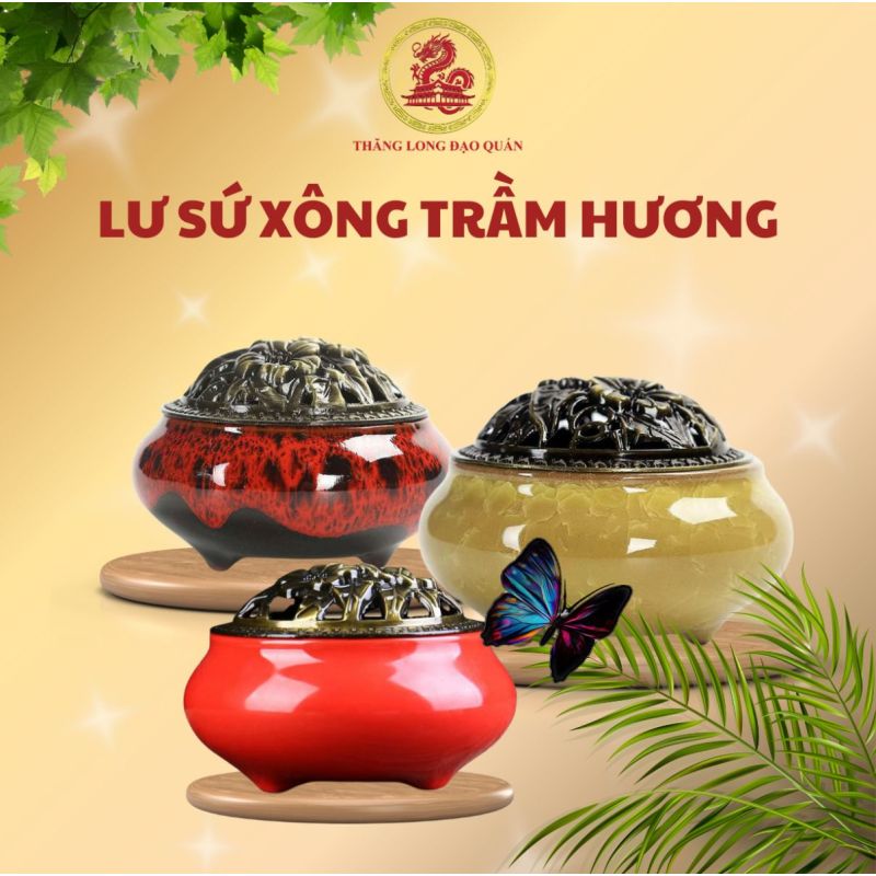 Lư Xông Nụ Trầm Hương - THĂNG LONG ĐẠO QUÁN bằng Gốm Sứ Vân Rạn Cao Cấp