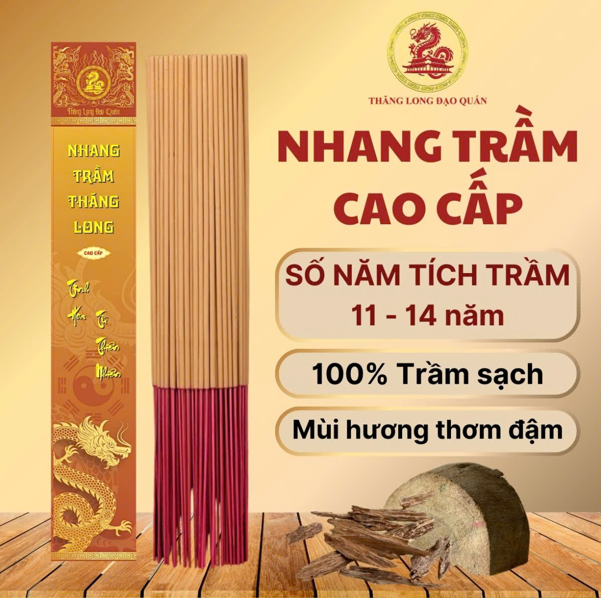 Nhang Trầm Hương Cao Cấp THĂNG LONG, không hóa chất hộp 30 nén, 38cm, mùi hương Trầm thơm đậm