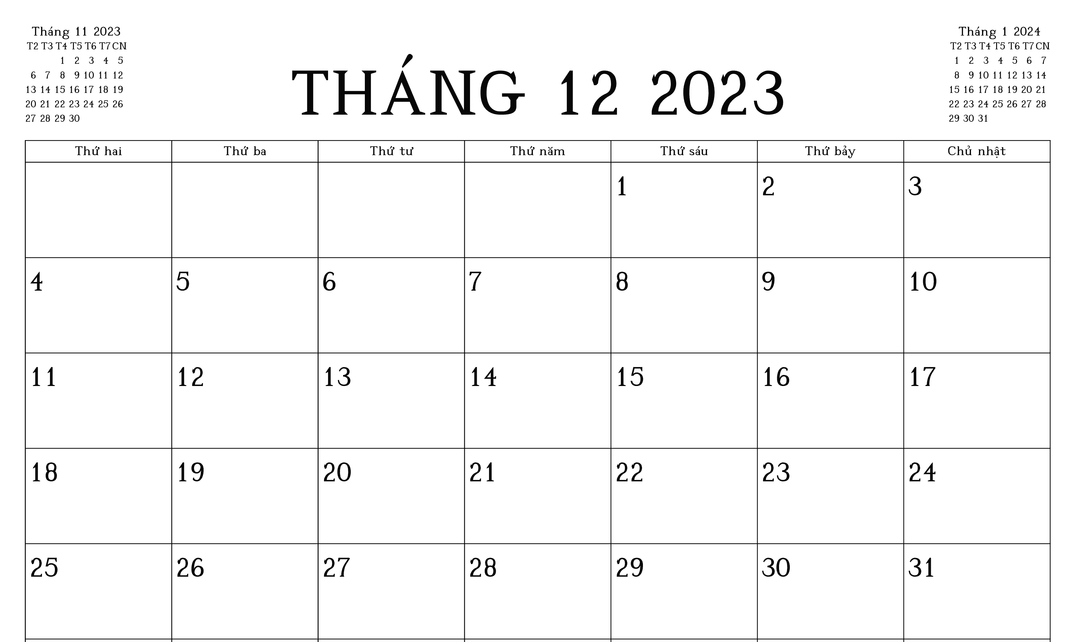 Lịch tháng 12 năm 2023