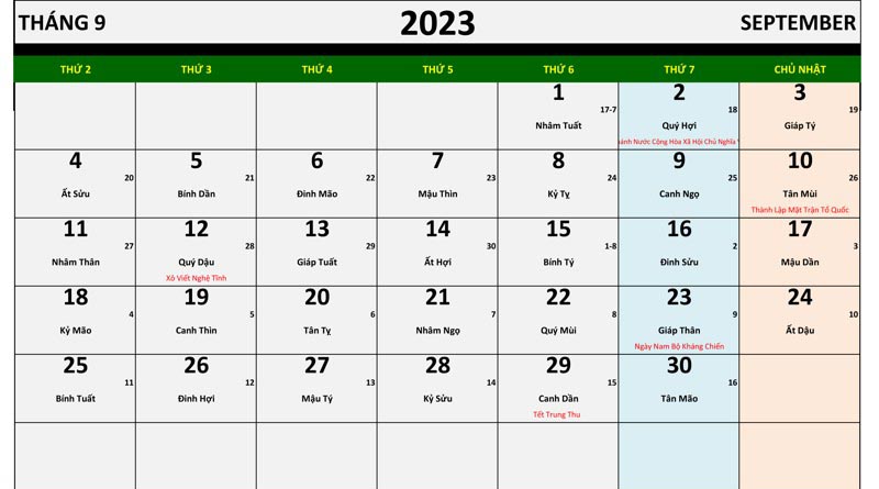 Lịch tháng 9 năm 2023